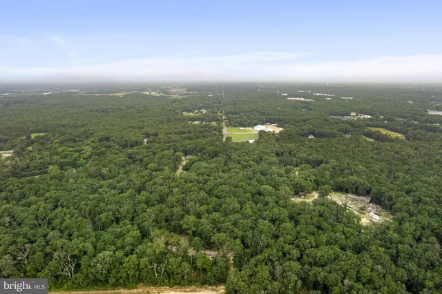 an aerial view of residential houses with outdoor space and trees