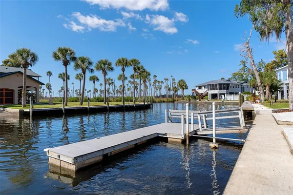 a view of a lake with boats and palm trees
