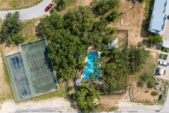 an aerial view of a backyard