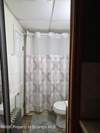 a bathroom with a toilet and a shower