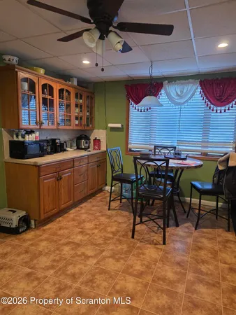 a view of a dining room with furniture