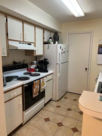 a kitchen with a stove a refrigerator and cabinets