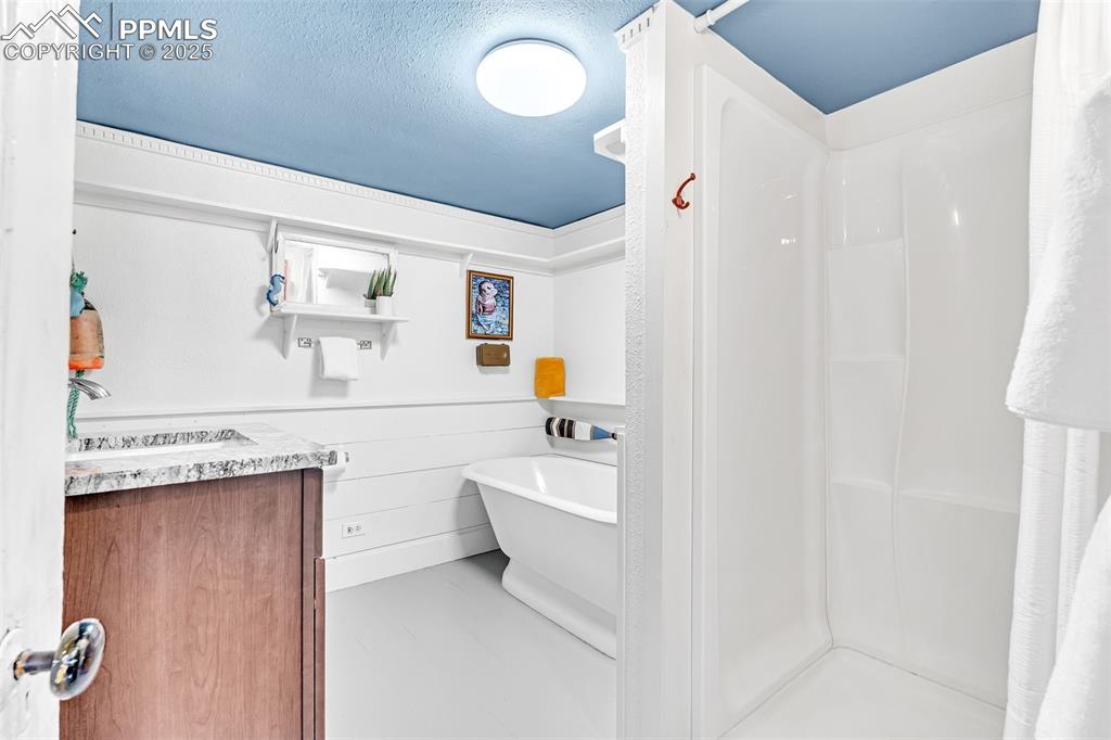 123 7th Street Victor, CO 80860 - Photo 37 of 50 Full bathroom featuring a sink, a shower, a textured ceiling, and a soaking tub