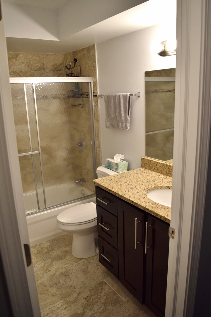 1905 West Golf Road, Unit 1A Mount Prospect, IL 60056 - Photo 14 of 24 a bathroom with a granite countertop sink toilet and shower