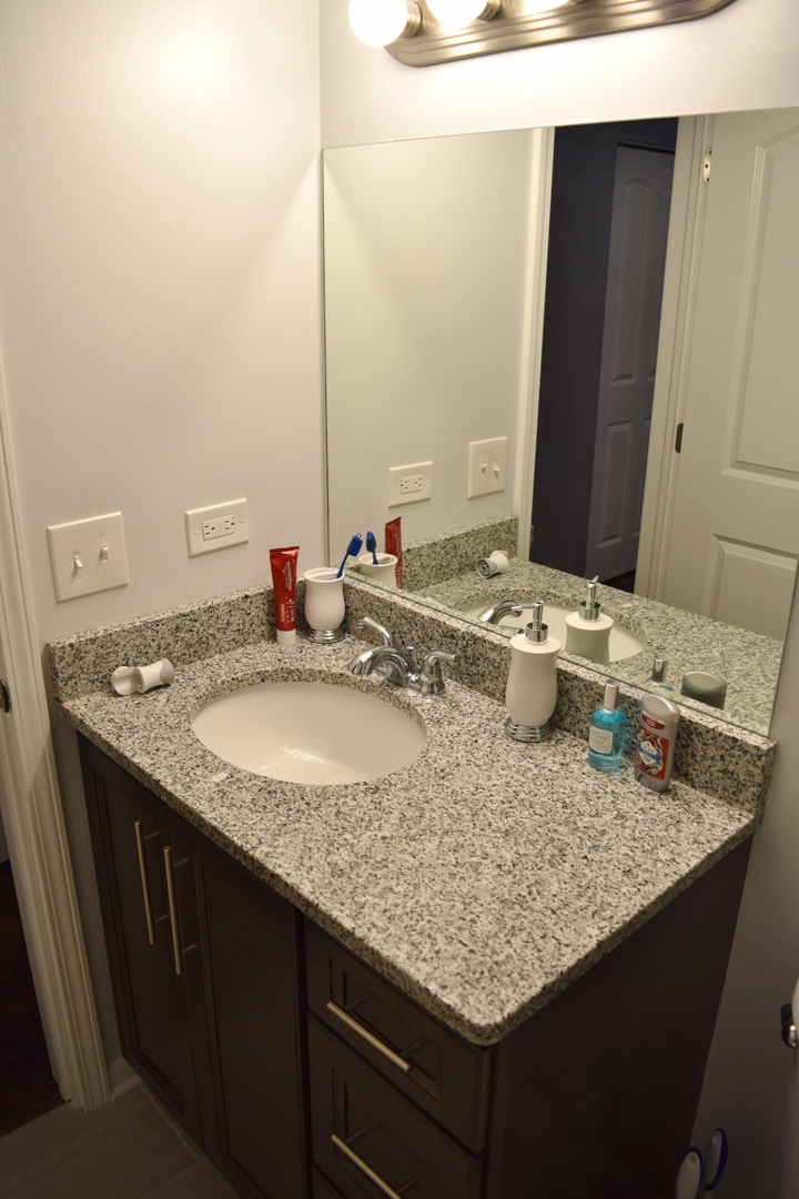 1905 West Golf Road, Unit 1A Mount Prospect, IL 60056 - Photo 19 of 24 a bathroom with a granite countertop sink and a mirror
