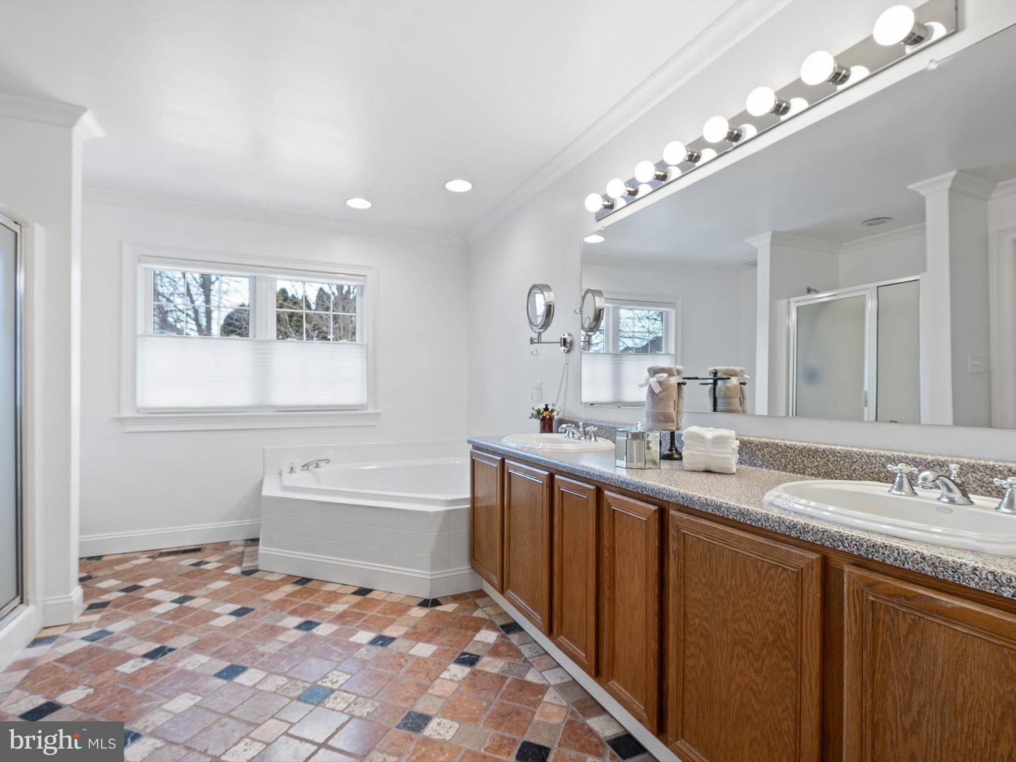 604 Oriole Place Hockessin, DE 19707 - Photo 28 of 40 a bathroom with a sink a large mirror and a bathtub