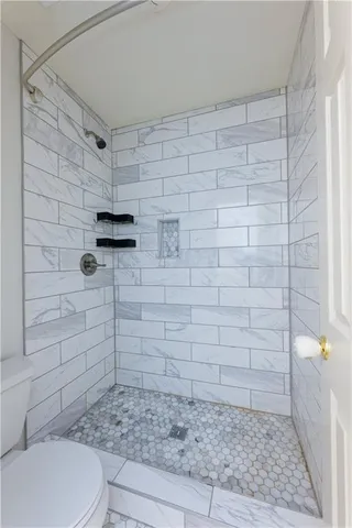 a bathroom with a shower and toilet