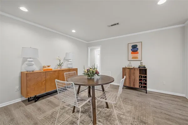 a view of a dining room with furniture