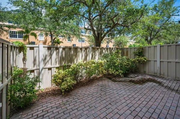 a view of a backyard with large trees