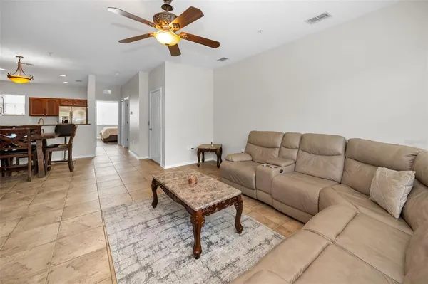 a view of a dining room with furniture