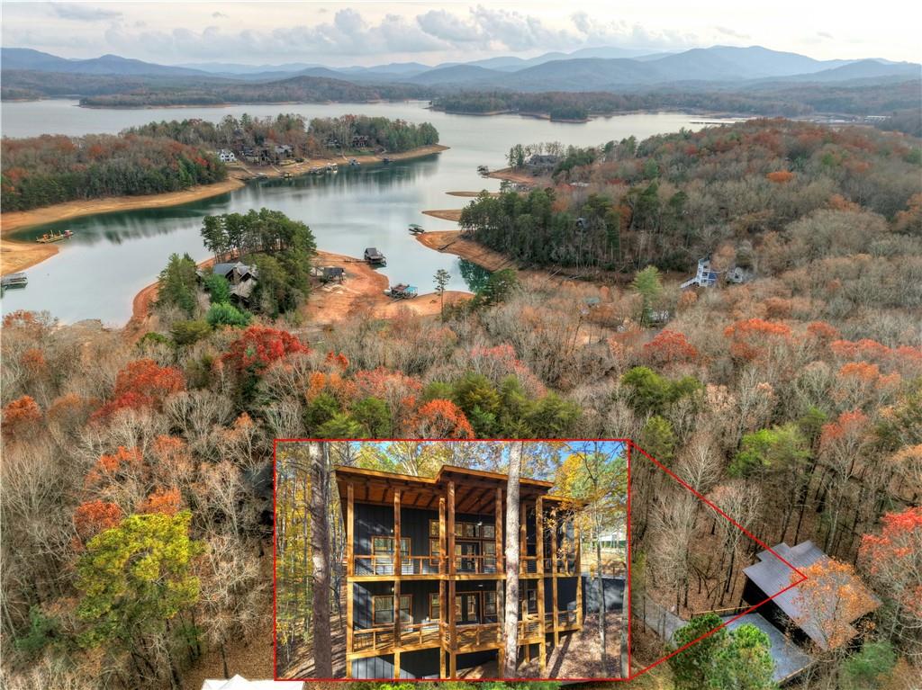 a view of a lake with a mountain and trees in the background