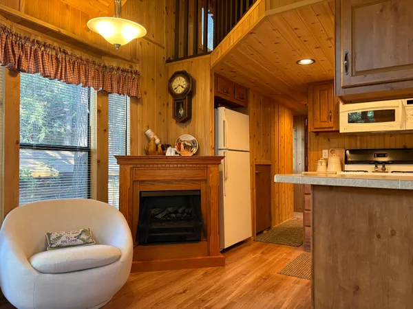 a view of a kitchen with furniture and a fireplace