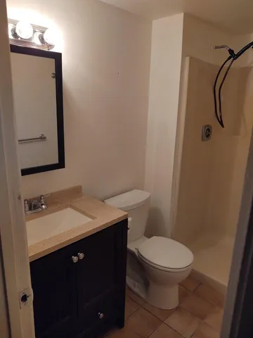 a bathroom with a sink vanity and a toilet