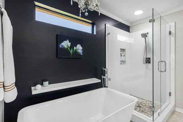 a bathroom with a bathtub and a shower