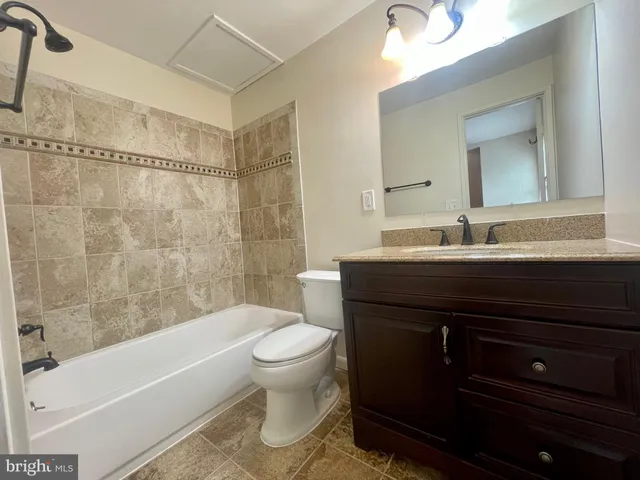 a bathroom with a sink a toilet a mirror and bathtub