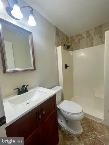 a bathroom with a sink a toilet a mirror and shower