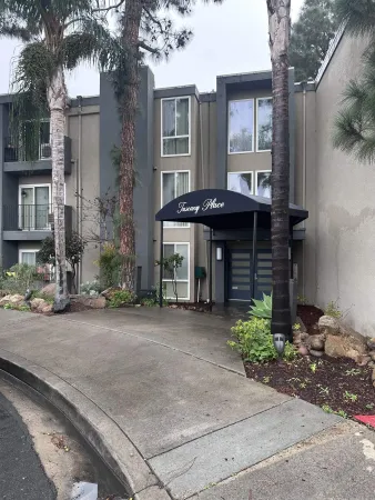 a view of a brick house with many windows plants and large tree