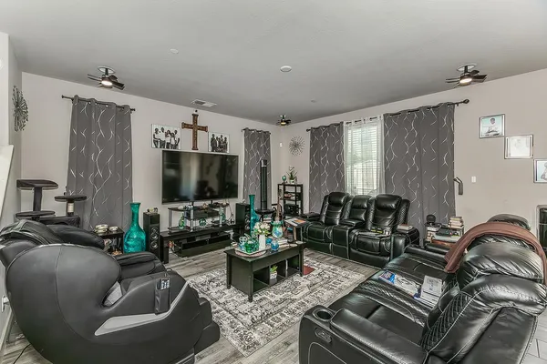 a view of a dining room with furniture