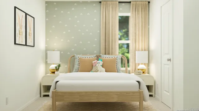 a bedroom with a bed and a mirror