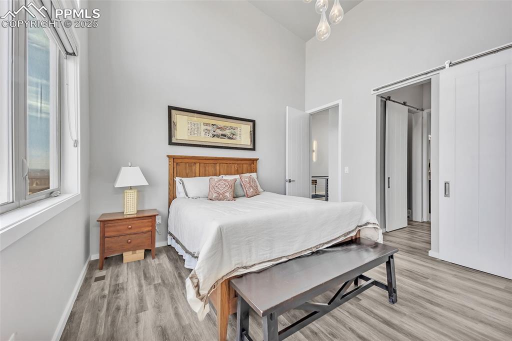 414 Eclipse Drive Colorado Springs, CO 80905 - Photo 32 of 50 Bedroom with baseboards, a towering ceiling, visible vents, and light wood-type flooring