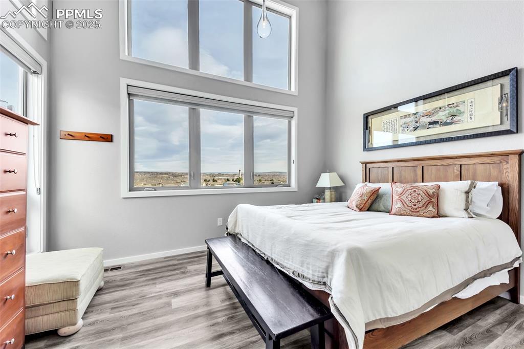 414 Eclipse Drive Colorado Springs, CO 80905 - Photo 33 of 50 Bedroom featuring baseboards, a towering ceiling, and wood finished floors