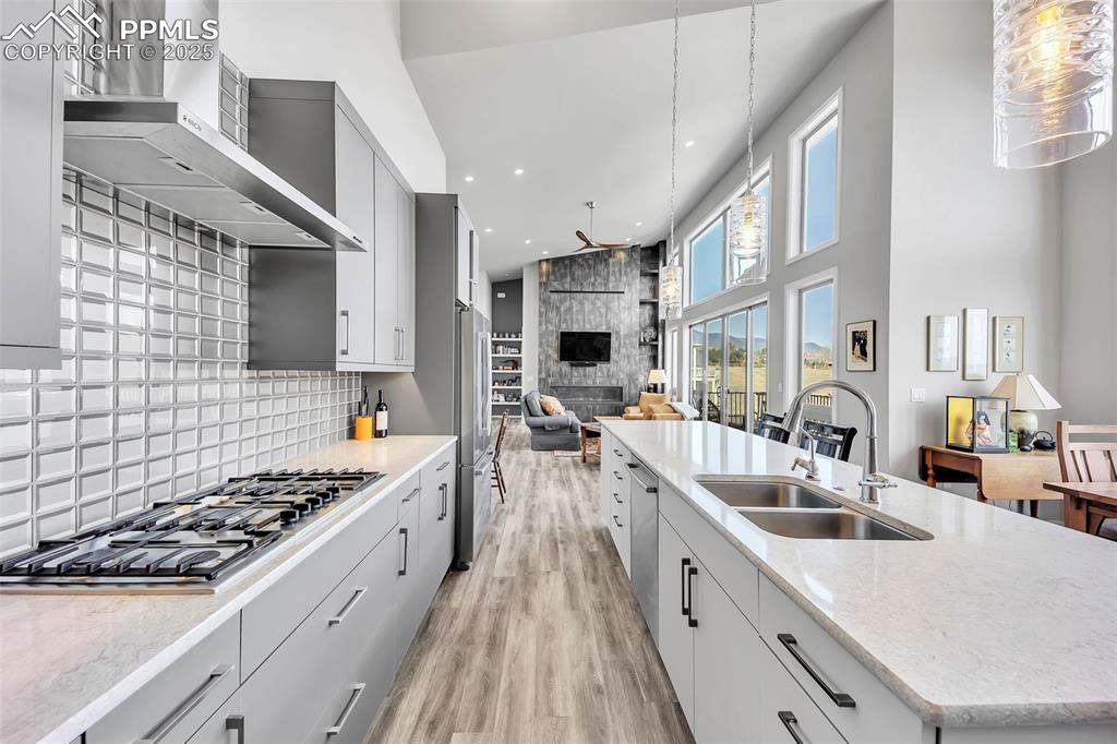 414 Eclipse Drive Colorado Springs, CO 80905 - Photo 9 of 50 Kitchen featuring a stone fireplace, appliances with stainless steel finishes, a sink, open floor plan, and wall chimney range hood
