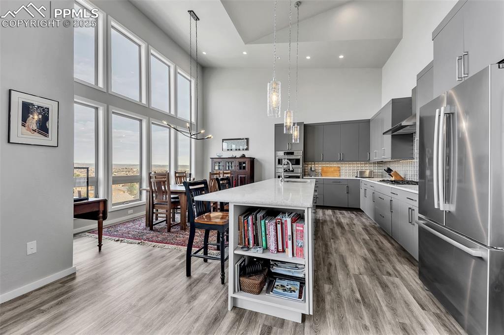 414 Eclipse Drive Colorado Springs, CO 80905 - Photo 10 of 50 Kitchen with high vaulted ceiling, light countertops, appliances with stainless steel finishes, modern cabinets, and gray cabinetry