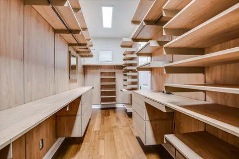 a storage room with wooden floor