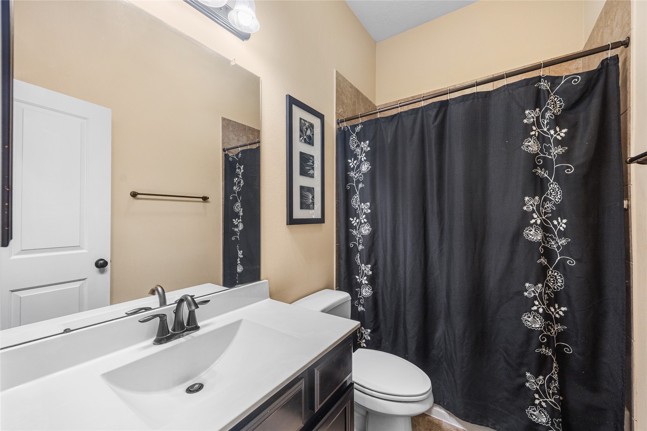 31311 Brighton Brook Lane Spring, TX 77386 - Photo 26 of 47 a bathroom with a sink a toilet a mirror and shower curtain