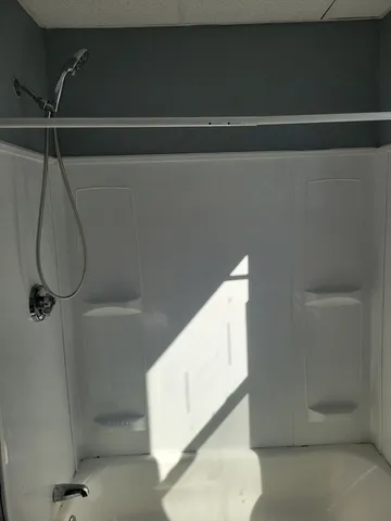 a bathroom with a shower and a toilet