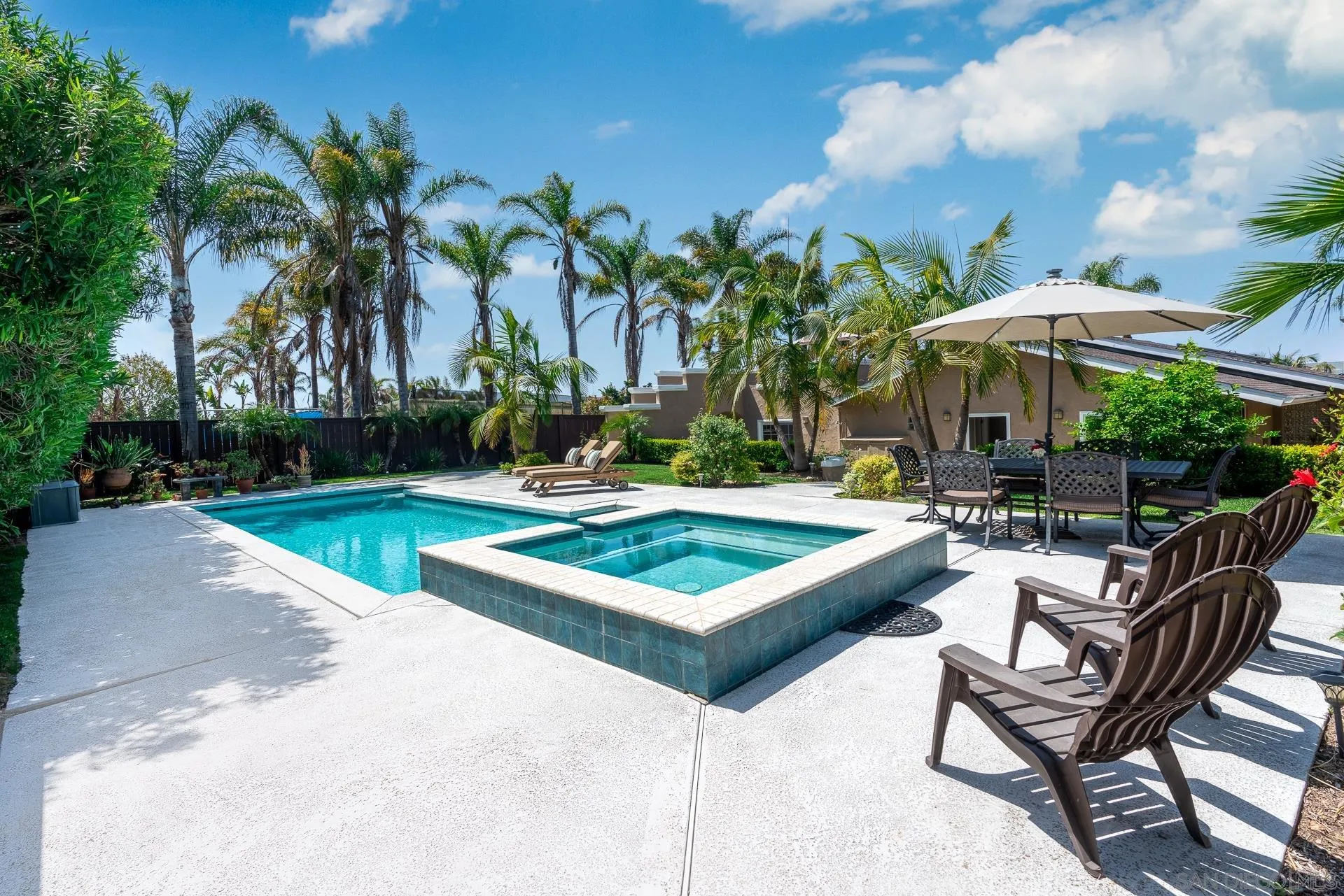 1269 Rainbow Ridge Lane Encinitas, CA 92024 - Photo 23 of 27 a view of a chairs and table in patio with a swimming pool