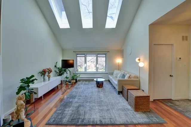 a living room with furniture and a potted plant