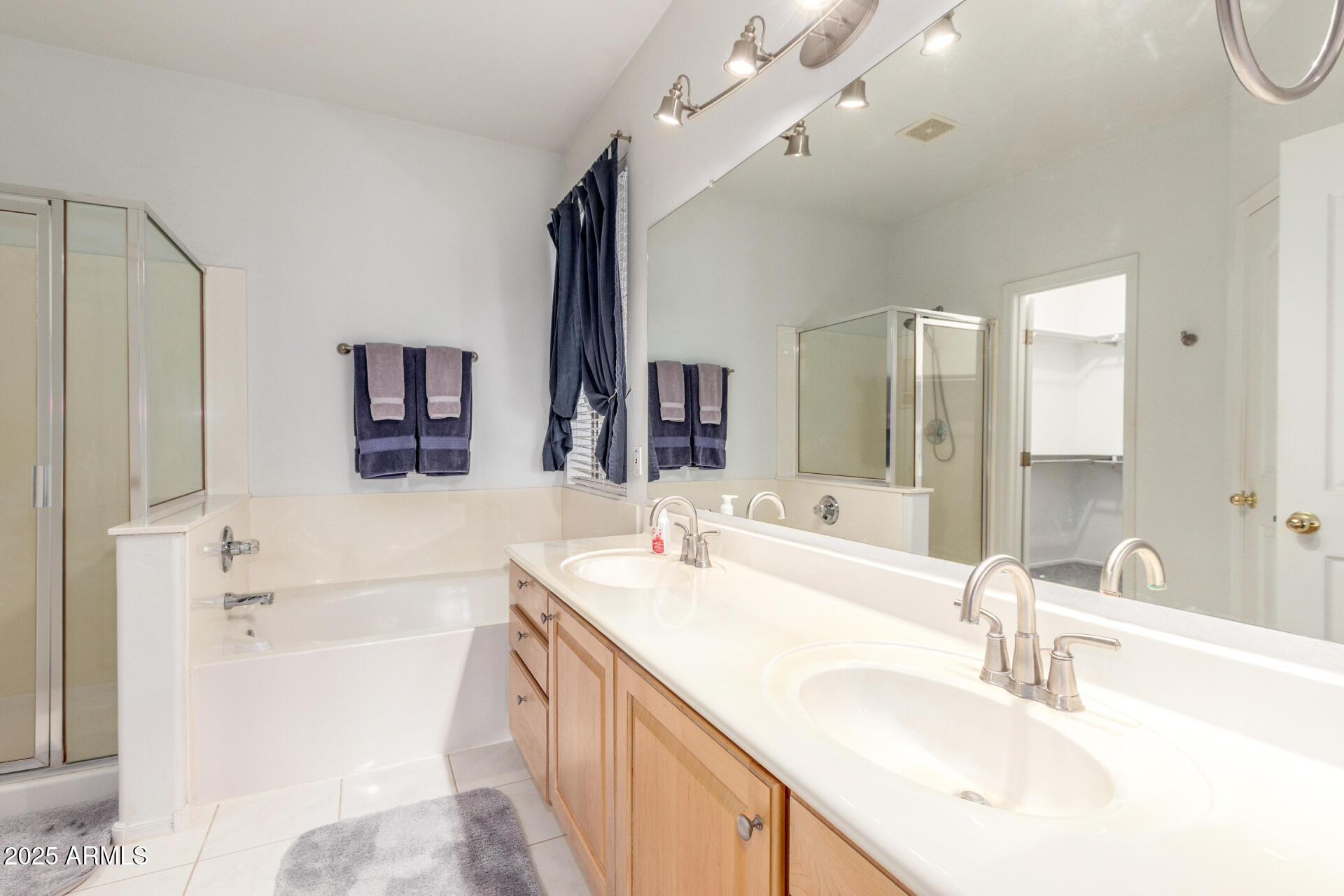 1111 South Sandstone Street Gilbert, AZ 85296 - Photo 21 of 59 a bathroom with a double vanity sink a mirror and a bathtub