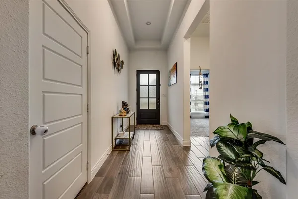 a hallway with wooden floor and a potted plant
