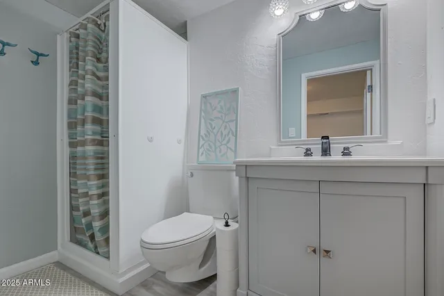 a bathroom with a sink a toilet a mirror and shower