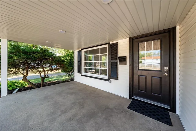 a view of backyard with large trees and a garden