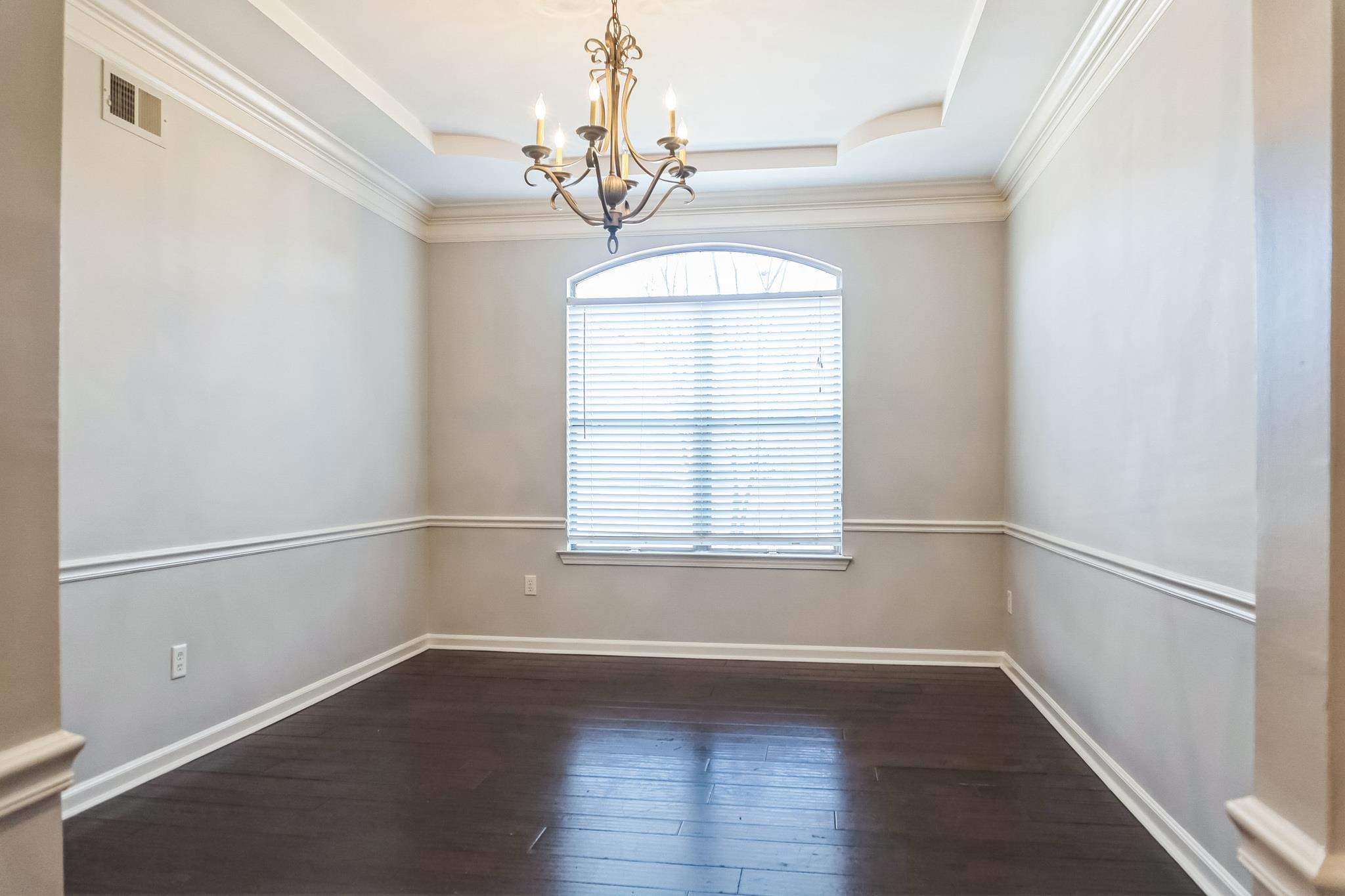 5225 Rockyford Road Bartlett, TN 38002 - Photo 4 of 18 Spare room with a chandelier, a wealth of natural light, a tray ceiling, and dark wood-type flooring