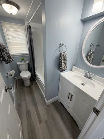 a bathroom with a toilet sink and mirror