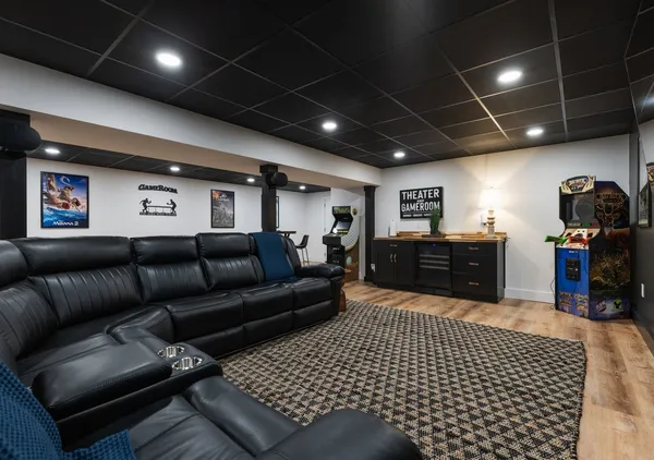 a lobby with furniture and window