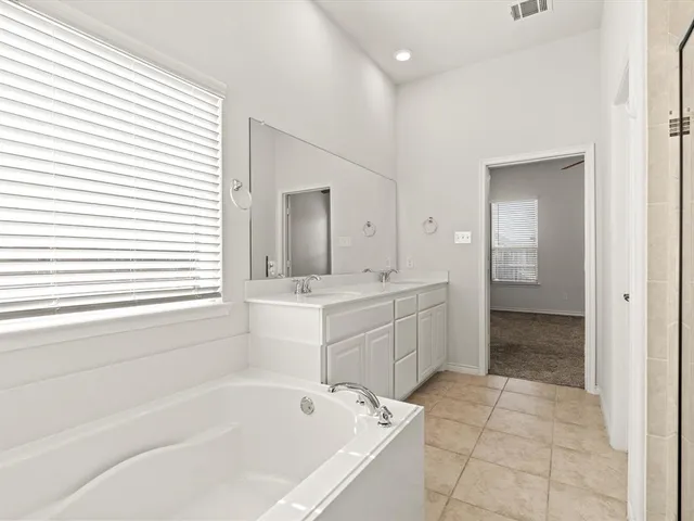 a bathroom with a bathtub sink and mirror