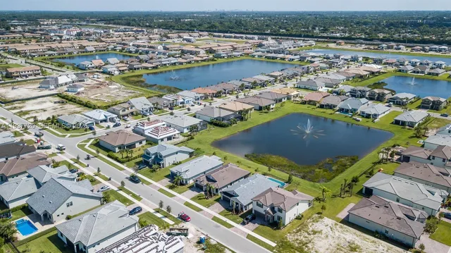 a view of a lake with a city