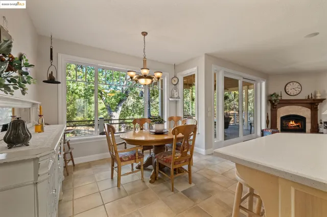 a view of a dining room with furniture window and outside view