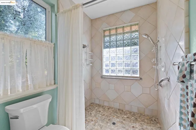 a bathroom with a shower and a toilet