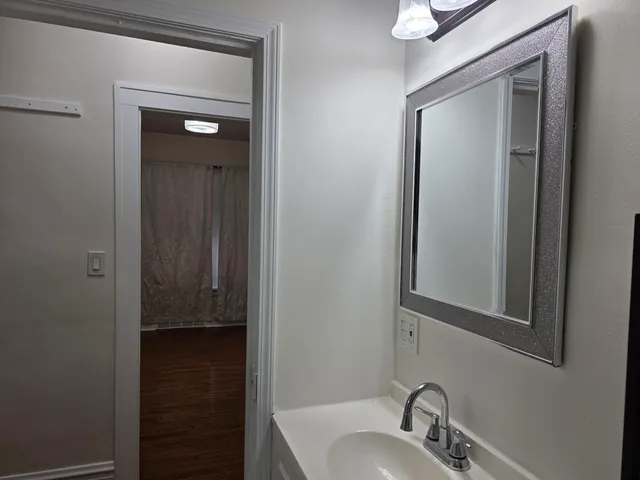 a bathroom with a sink and mirror