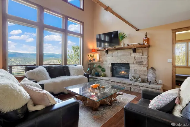 a living room with furniture large window and a fireplace