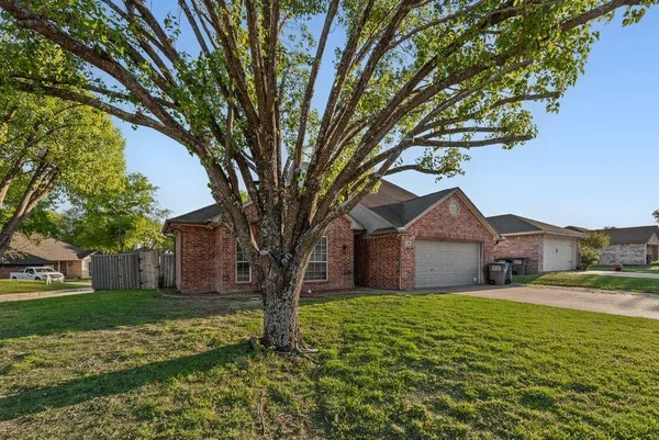 a front view of a house with yard and large tree