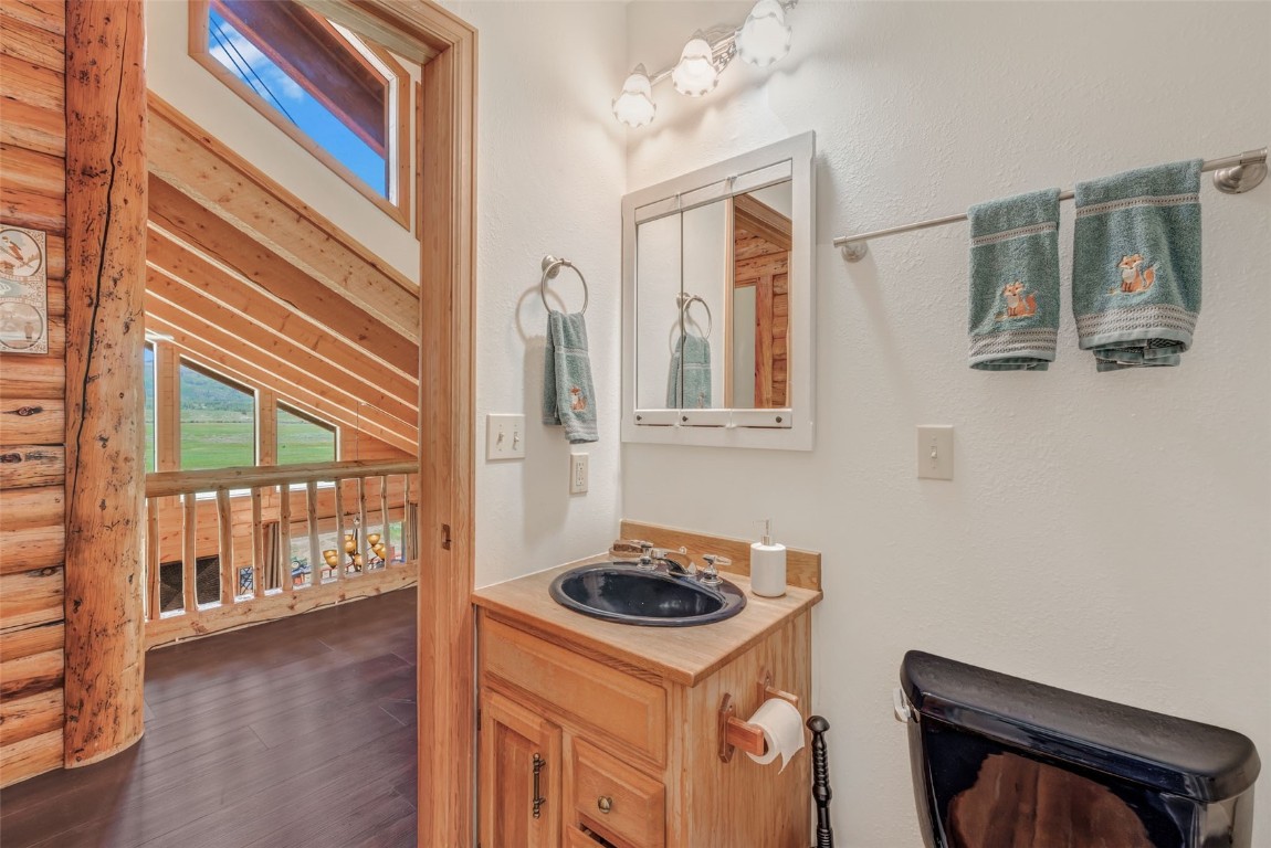 60455 Floyd Creek Road Clark, CO 80428 - Photo 33 of 50 a bathroom with a sink a mirror and a toilet
