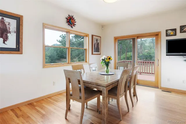 a view of a dining room with furniture window and wooden floor