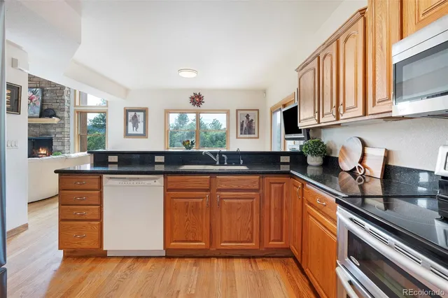 a kitchen with stainless steel appliances granite countertop a sink and cabinets