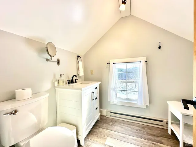 a bathroom with a sink mirror vanity and toilet